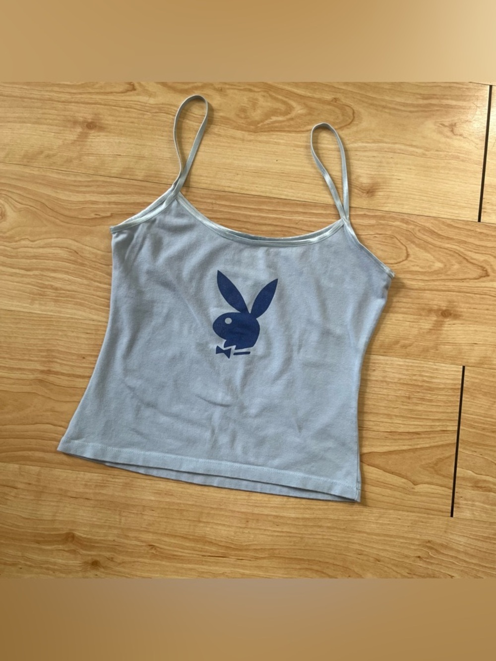 y2k vintage Playboy cami in light blue with the classic bunny logo in dark blue